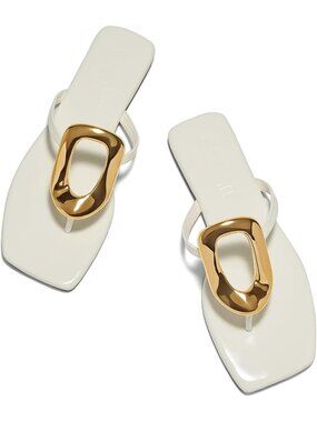 🆕Women's White Flat Sandals Square Toe Metal Decoration Flip Flops Shoes